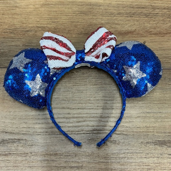 Disney Minnie Mouse Patriotic Sequin Ears • Headband Red White Blue Star Stripe - Picture 6 of 6